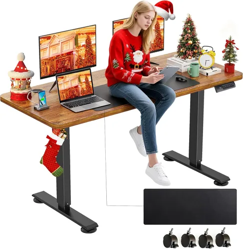 Miniatura 23 de farexon Escritorio eléctrico de pie de altura ajustable, escritorio de pie de 55 x 24 pulgadas con alfombrilla grande para el mouse, ruedas Negro