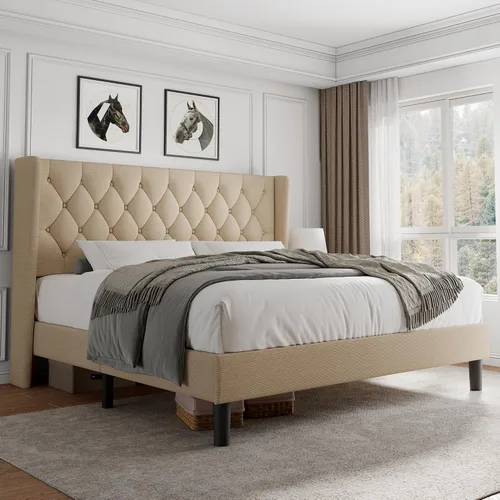 Miniatura 10 de iPormis - Base de cama tapizada de tamaño completo con cabecera capitonada con botones, base de cama tapizada con listones de madera sólidos, 20 cm
