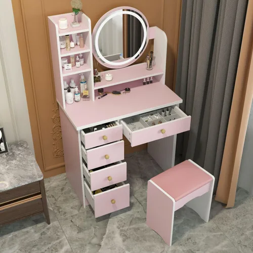Miniatura 2 de Escritorio de tocador con espejo y luces, tocador de maquillaje con luces y cajones, tocador con espejo y estantes, taburete acolchado, rosa 31.5