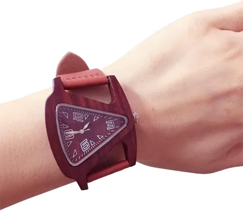 Miniatura 5 de Relojes de madera triangulares, color rojo, con correa de cuero, reloj de pulsera de cuarzo para mujer