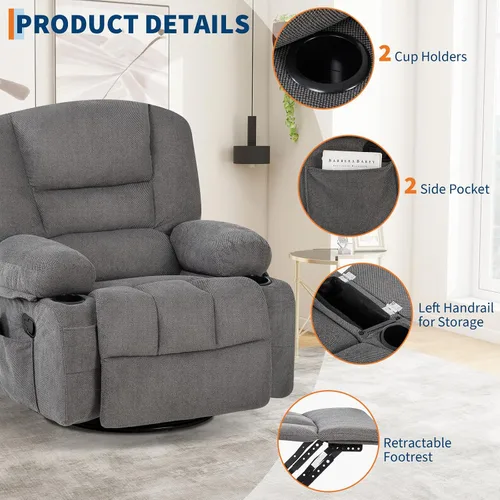 Miniatura 8 de Mecedora de masaje con vibración y calor, sillas mecedoras giratorias de felpilla de 360° para sala de estar, asiento de cine en casa con portavasos