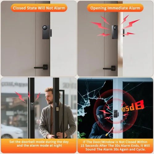 Miniatura 6 de WSDCAM Alarma de puerta cuando se abre la puerta, inalámbrica de 110 dB antirrobo con control remoto, timbres de puerta, alarmas de seguridad Negro