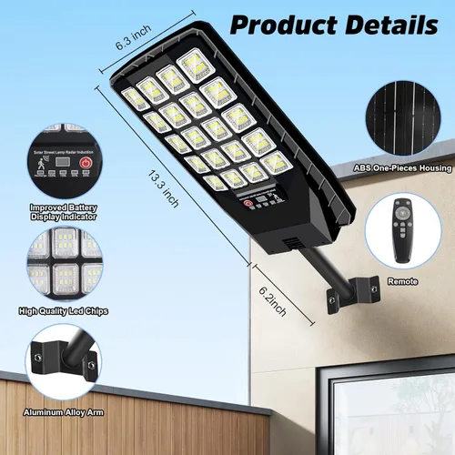 Miniatura 6 de JWT Paquete de 2 Luces de Calle Solares Impermeables para Exteriores - Luz de Inundación Alimentada por Energía Solar con Sensor de Movimiento