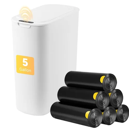 Basurero de baño con tapa de 5 galones, color blanco, sin contacto, automático, sin contacto, para cocina, dormitorio, oficina, sala de estar