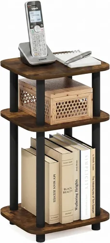 Furinno JUST - Mesita lateral de 3 niveles con tubo giratorio N, estante abierto, mesita de noche con esquina curva redonda, mesita de cama, fácil