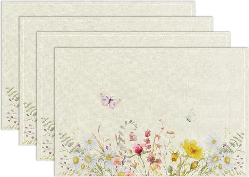 Juego de 4 manteles individuales de flores silvestres, tapetes de mesa florales para cocina del hogar, restaurantes, tapetes lavables de lino para