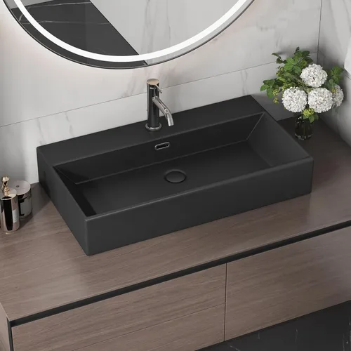 Lavabo Rectangular de Baño de 30" x 16", Eridanus Lavabos de Montaje en Pared Flotantes Tipo Artesa para Encimera Tocador Lavamanos, Porcelana Negro