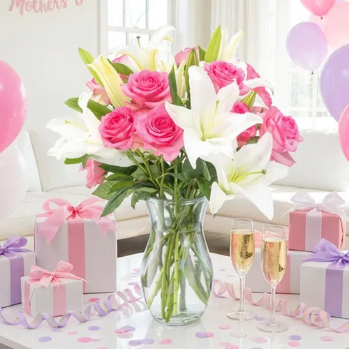 Miniatura 3 de Benchmark Bouquets - Rosas rosas y lirios, jarrón incluido, flores frescas cortadas y cultivadas, regalo para decoración del hogar, cumpleaños
