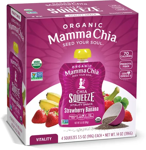 Mamma Chia Organic Vitality Squeeze Snack, fresa y banano, 24 bolsas de chía de 3.05 onzas. Orgánico USDA, sin OMG, vegano, sin gluten y Kosher.