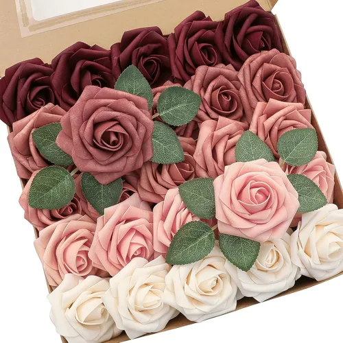 Floroom Flores Artificiales 25 piezas Rosas Falsas de Espuma de Aspecto Real en Colores Burdeos Ombré con Tallos para Bricolaje, Ramos de Boda Tonos