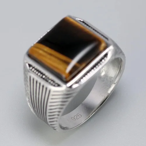 Miniatura 2 de Anillo de plata para hombre Piedra natural de ojos de tigre Anillo turco Anillo retro grabado geométrico por Fantasy World, Metal precioso, ojo