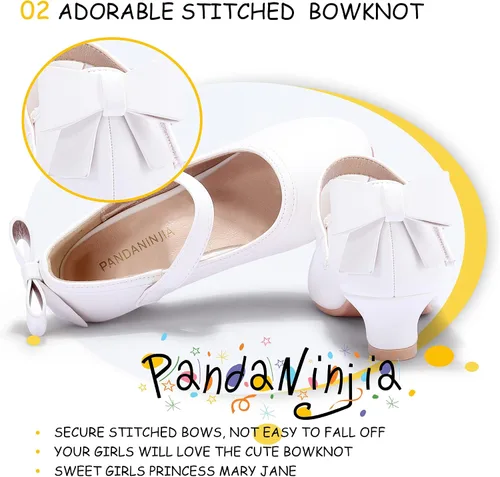 Miniatura 15 de PANDANINJIA Vestido de jada para niñas y niños pequeños, zapatos de princesa Mary Jane con tacones con lazo para fiesta, boda, boda
