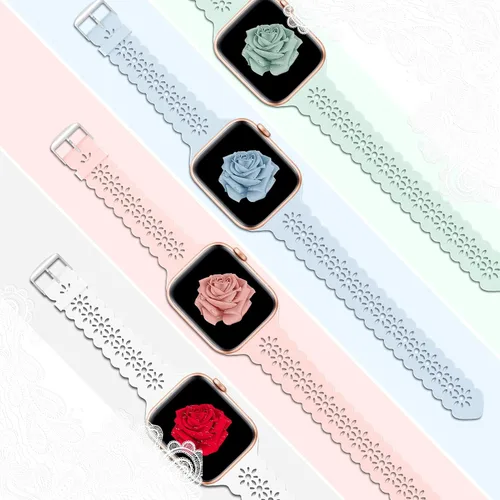 Miniatura 3 de Bandiction - Paquete de 4 correas de silicona de encaje compatibles con Apple Watch de 38mm 40mm 41mm 42mm 44mm 45mm 46mm 49mm, correa delgada