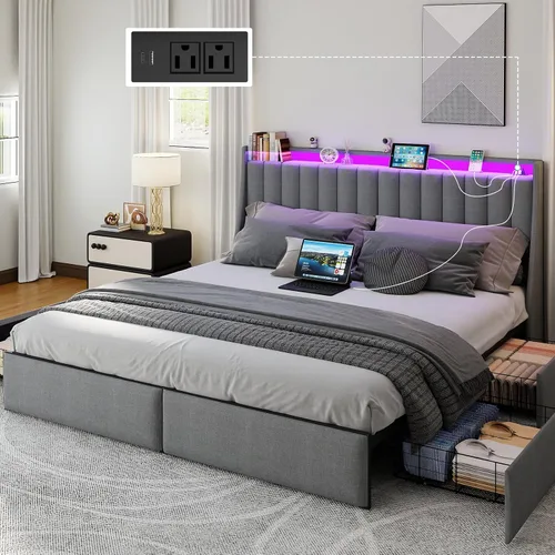 Miniatura 12 de SADENICEL Base de cama de tamaño completo con cabecera de almacenamiento y 4 cajones, plataforma de base de cama de metal completo con luz LED