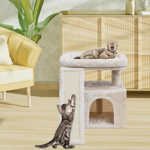 Miniatura 6 de Árbol pequeño para gatos de interior, torre para gatos con poste para arañar, percha y acogedor condominio para gatitos y mascotas adultas (beige)
