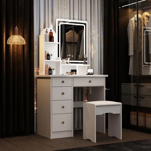 Miniatura 11 de ECACAD Moderno escritorio de maquillaje con espejo iluminado, tocador con 9 cajones, estantes ocultos y espejo plegable, 3 modos de iluminación