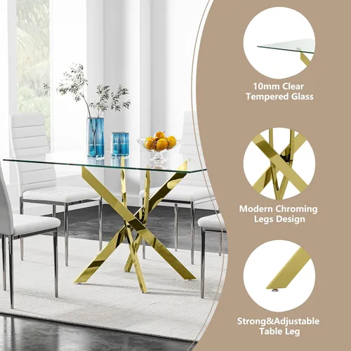 Miniatura 6 de Mesa de comedor de vidrio dorado templado de 47.2 pulgadas para 4 personas, mesa de cocina rectangular de vidrio con patas cromadas, mesa de comedor
