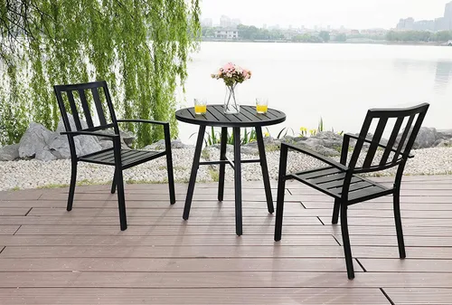 Miniatura 8 de PHI VILLA Juego de comedor de 3 piezas para patio al aire libre, mesa redonda de metal con listones y 2 sillas de patio, juego de muebles de Negro