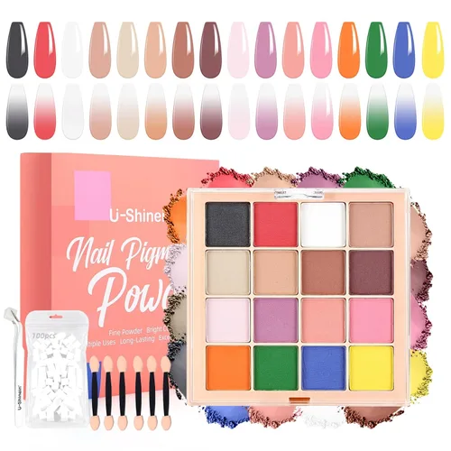 Miniatura 14 de Set de paleta de polvo de pigmento para uñas, 16 colores Ombre con 100 piezas de esponjas y pinzas, uñas francesas Aura Ombre, pincel de uñas