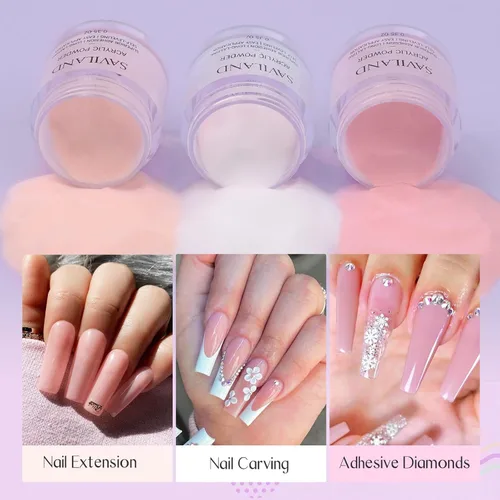 Miniatura 3 de Saviland Kit de iniciación de uñas acrílicas: polvo y líquido acrílico rosa claro nude, cepillo, limas, formularios, uñas a presión, juego