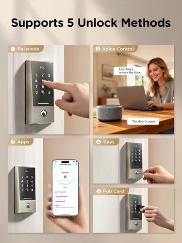 Miniatura 5 de TCL Smart Lock D2, cerradura de puerta de entrada sin llave Wi-Fi, timbre integrado, teclado de pantalla táctil, control de aplicación y voz, 50