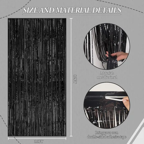 Miniatura 3 de DECOCKRAT Paquete de 3 Telón de Fondo de Flecos de Papel Aluminio - Cortinas de Oropel Negro Brillante para Decoración de Fiestas/Accesorios