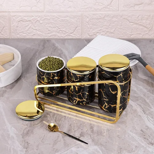 Miniatura 4 de Juego de Recipientes de Cerámica con Patrón Dorado de Metal para Encimera de Cocina - Un Juego de 3 Recipientes de Cocina con Estante Escalonado