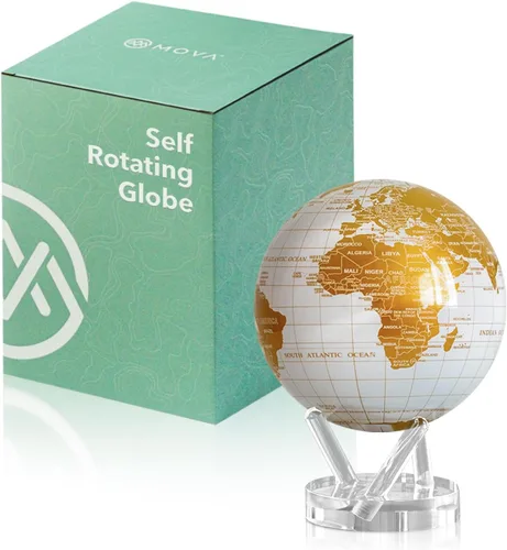 Miniatura 10 de MOVA Globe - Blanco perla y dorado clásico (4.5 pulgadas) Globo mundial giratorio alimentado por energía solar para escritorio Decoración