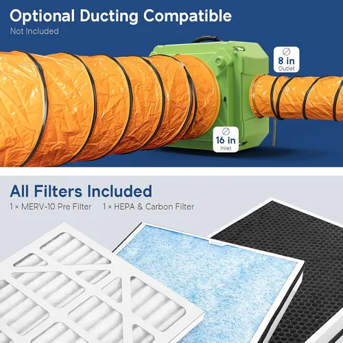 Miniatura 8 de ALORAIR Depurador de aire con filtración de 3 etapas, máquina de aire negativo apilable para uso industrial y comercial, filtro de aire resistente