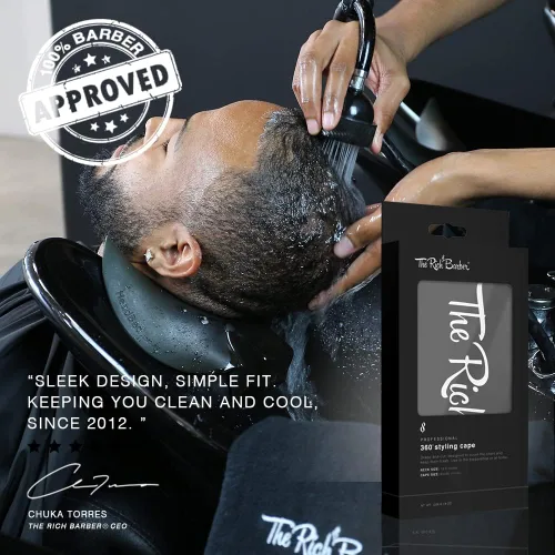 Miniatura 7 de The Rich Barber 360 Barber Cape Delantal de corte de pelo profesional ligero Vestido de corte de pelo de tela resistente al agua, Negro