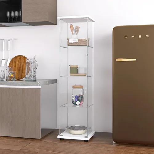 Miniatura 7 de Vitrina de cristal con puerta con 4 estantes, gabinete curio de cristal transparente para colocar en el suelo, vitrina de exhibición para Blanco