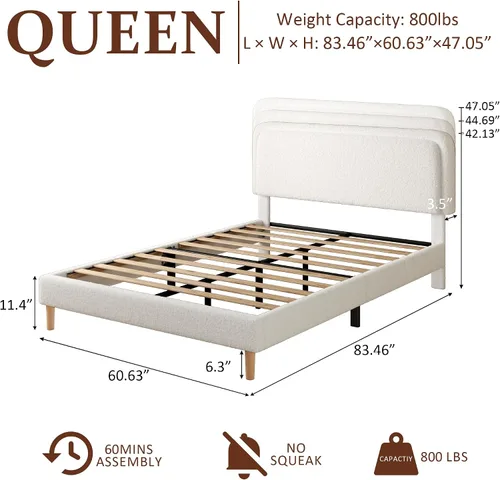 Miniatura 2 de Base de cama de plataforma Boucle tamaño Queen con cabecera ajustable (3 alturas), cama de nube tapizada, esquinas redondeadas suaves, no necesita
