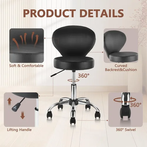 Miniatura 5 de KLASIKA Silla giratoria de cuero con soporte para la espalda, asiento hidráulico ajustable, altura de 22 pulgadas, para oficina, masaje, facial