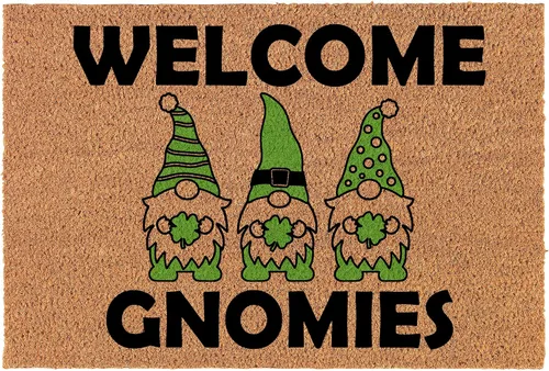 Felpudo de bienvenida de fibra de coco, gnomos de bienvenida, gnomos del día de San Patricio, tréboles irlandeses de 4 hojas (30 x 18 pulgadas)