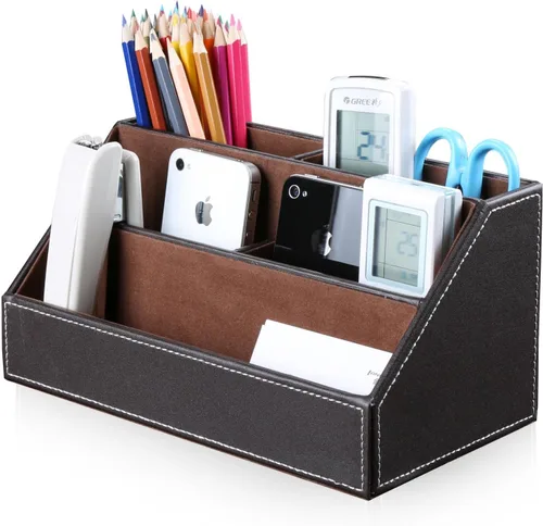 Miniatura 10 de KINGFOM™ Caja de almacenamiento y organizador de papelería multifunción para escritorio; estructura de madera y piel para la oficina del hogar; Negro