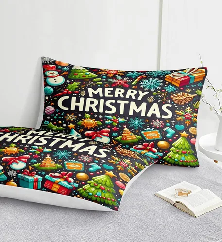 Miniatura 7 de Herside Juego de funda de edredón de Navidad, tamaño Queen, colorido patrón navideño impreso, bonita decoración navideña, microfibra suave, funda