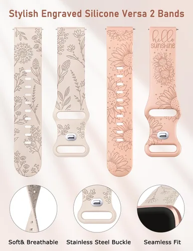 Miniatura 4 de Minyee Paquete de 2 correas con grabado floral compatibles con Fitbit Versa 2/Fitbit Versa/Versa Lite para mujeres, linda correa deportiva