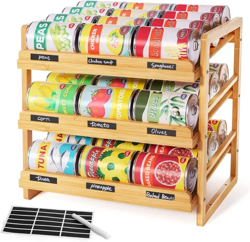 Miniatura 8 de Yumkfoi Estante organizador de latas de bambú, apilable de doble capa y almacenamiento para despensa, dispensador de productos enlatados