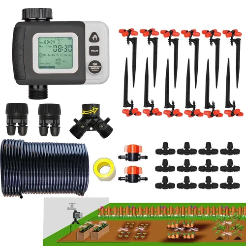 Kit de riego por goteo Sistema de riego automático con temporizador de agua de 64 pies con tubo de 1/4 y 12 boquillas de riego de lluvia en 4