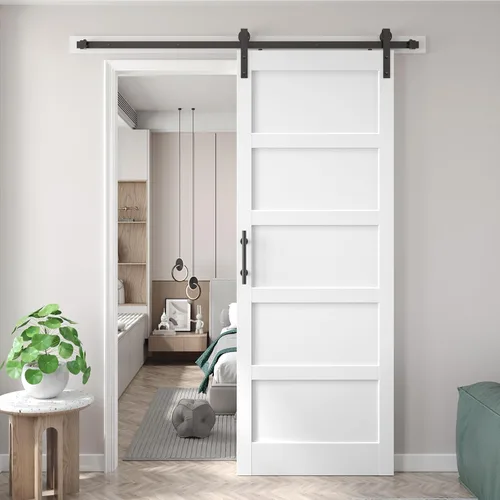 Miniatura 11 de Fredbeck Puerta de granero blanca de 30 x 84 pulgadas con kit de herrajes para puerta corredera de 5.5 pies incluido y asa, sólida, MDF, superficie