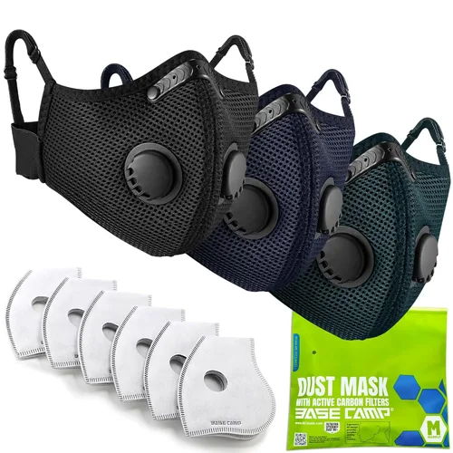 BASE CAMP Máscara Antipolvo M Plus Mejorada, Máscara Respiratoria Reutilizable para Carpintería, Protección Facial con Filtros de Carbón 99.9%