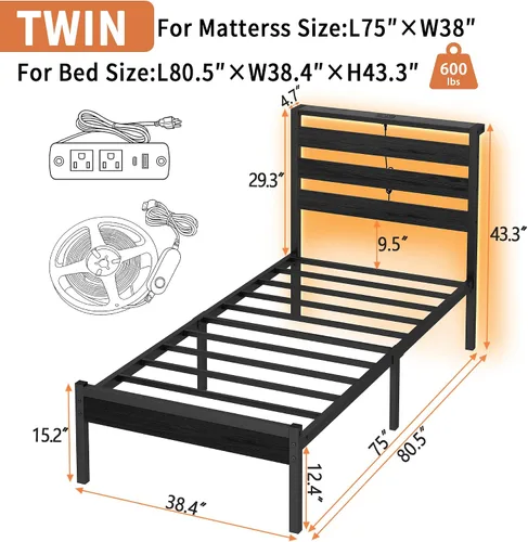 Miniatura 2 de CLIBFENG Base de cama tamaño individual con estación de carga USB, marco de cama LED con cabecera de almacenamiento de madera, cama de plataforma