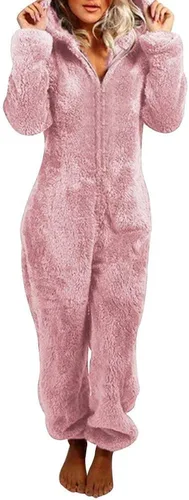 Miniatura 17 de Pijama de forro polar para mujer, mameluco cálido de sherpa, ropa de dormir de una pieza con cremallera y capucha