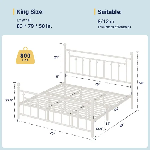 Miniatura 2 de Allewie Base de cama de plataforma de metal tamaño King de 14 pulgadas con cabecero y pie de cama vintage victoriano/base de colchón/almacenamiento
