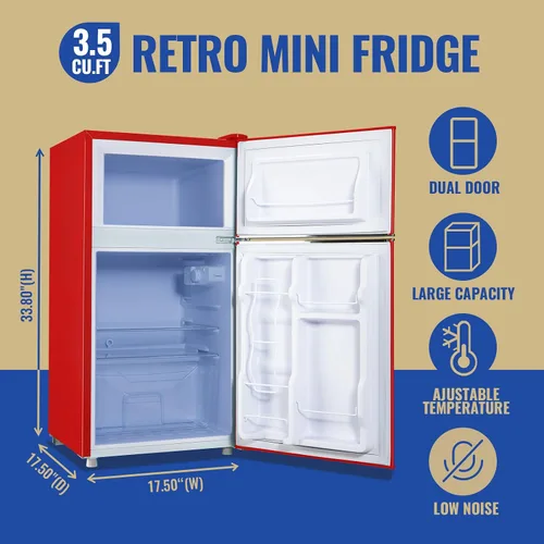 Miniatura 2 de Refrigerador de 3.5 pies cúbicos con congelador, refrigerador de doble puerta color rojo con estantes ajustables de cristal, cajón plástico