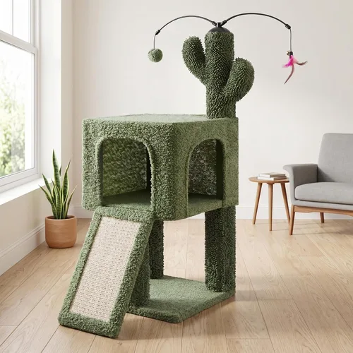 Miniatura 3 de Árbol de cactus para gatos de interior de 32 pulgadas, casa para gatos 2 en 1 con poste rascador de sisal y rampa, torre para gatos de 2 niveles