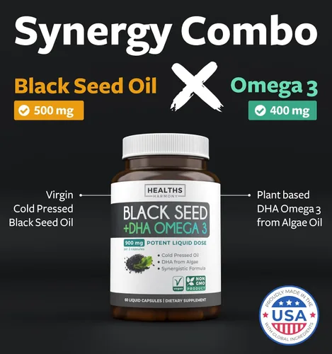 Miniatura 2 de Cápsulas de aceite de semilla negra prensado en frío - Suplemento vegano sin OMG de semilla negra Nigella Sativa con Omega 3 DHA para el bienestar
