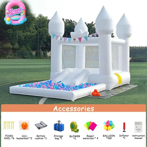 Miniatura 9 de Casa inflable saltarina blanca de 12.5 pies x 7.1 pies con tobogán y piscina de pelotas, juguetes para interiores y exteriores para niños activos