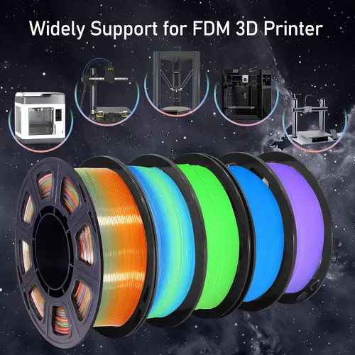 Miniatura 4 de Paquete de filamento PLA para impresión 3D 5 en 1: verde que brilla en la oscuridad, azul, púrpura y arco iris, multicolor, 0.55 libras por carrete