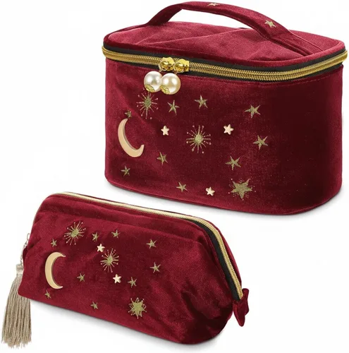 Miniatura 8 de Patelai 2 bolsas de maquillaje de terciopelo con estrellas y luna, bolsas de cosméticos góticas bordadas, bolsa de maquillaje portátil de viaje